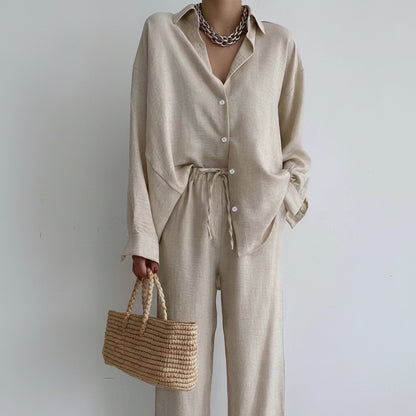 Chic Linen Blouse and Wide-Leg Pants Set for All-Season Elegance 0