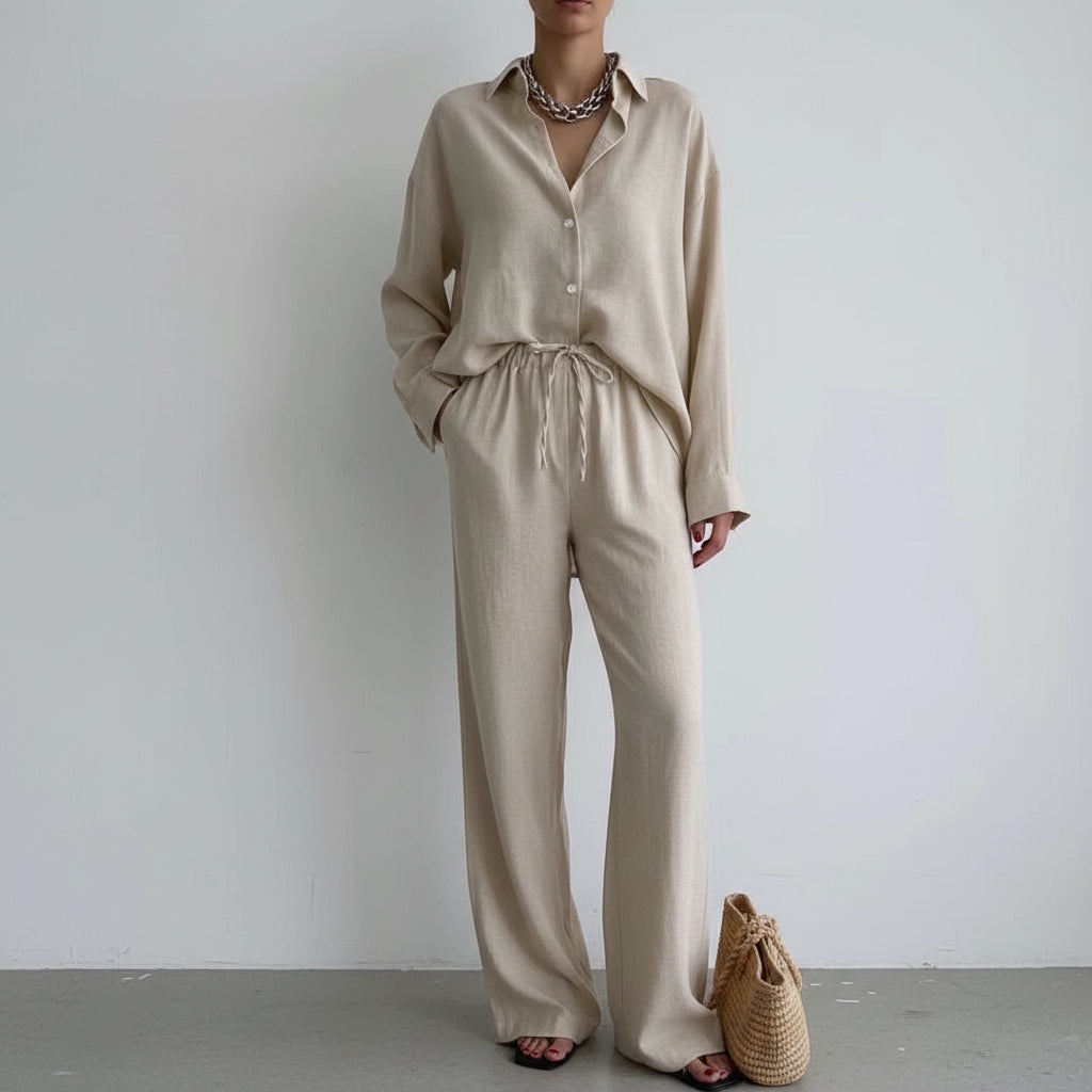 Chic Linen Blouse and Wide-Leg Pants Set for All-Season Elegance 1