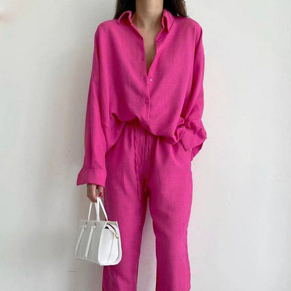 Chic Linen Blouse and Wide-Leg Pants Set for All-Season Elegance 2