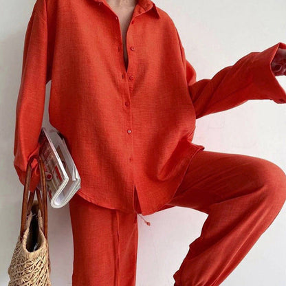 Chic Linen Blouse and Wide-Leg Pants Set for All-Season Elegance 5