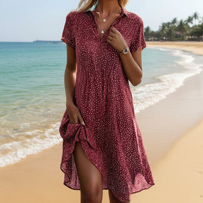Chic Polka Dot Dress - Short Sleeve V-Front Shirt Collar Summer Dresses 1
