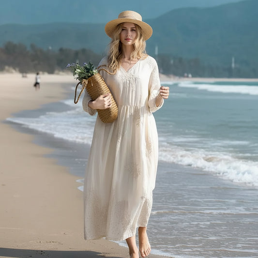 Chic Retro V-Neck Embroidered Cotton-Linen Dress for Effortless Elegance 0