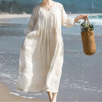 Chic Retro V-Neck Embroidered Cotton-Linen Dress for Effortless Elegance 1