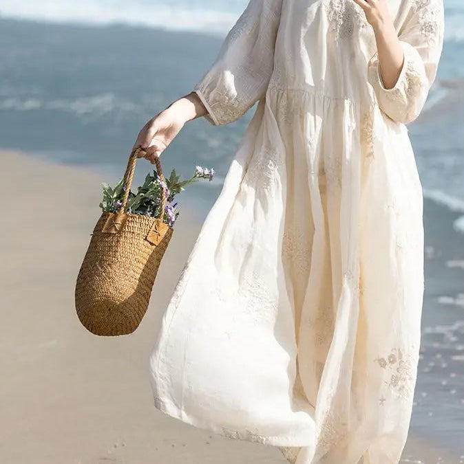 Chic Retro V-Neck Embroidered Cotton-Linen Dress for Effortless Elegance 2