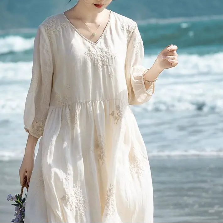 Chic Retro V-Neck Embroidered Cotton-Linen Dress for Effortless Elegance 3