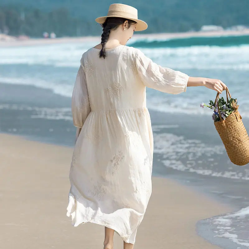 Chic Retro V-Neck Embroidered Cotton-Linen Dress for Effortless Elegance 4