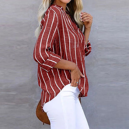 Chic Striped Button Up Shirt - Soft Breathable Fabric, V-Neck Design, Versatile Style 4