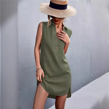 Chic V-neck Sleeveless Cotton Linen Dress for Summer Style 0
