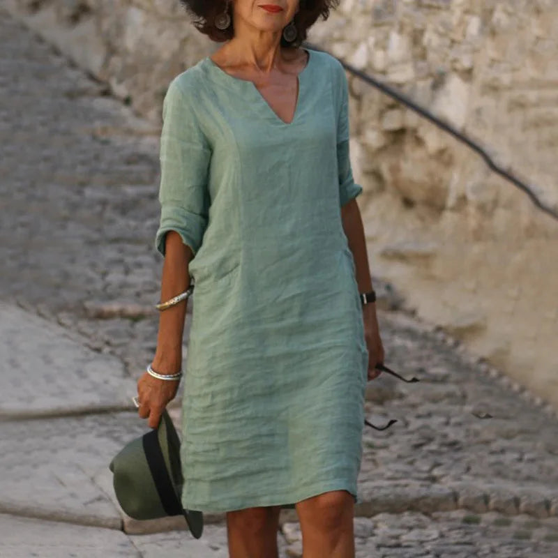 Chic Vintage Mini Dress - V-neck Cotton Linen Casual Summer Wear 11