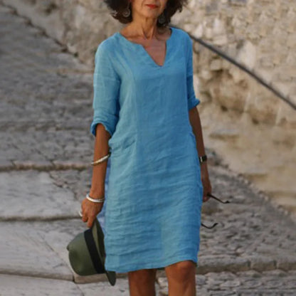Chic Vintage Mini Dress - V-neck Cotton Linen Casual Summer Wear 12
