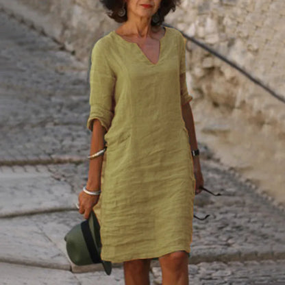 Chic Vintage Mini Dress - V-neck Cotton Linen Casual Summer Wear 13
