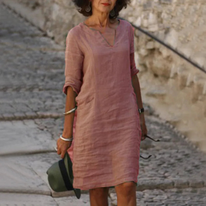 Chic Vintage Mini Dress - V-neck Cotton Linen Casual Summer Wear 2