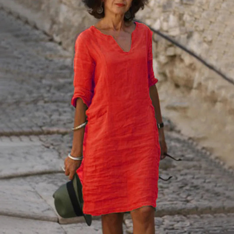 Chic Vintage Mini Dress - V-neck Cotton Linen Casual Summer Wear 6