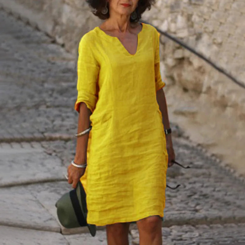 Chic Vintage Mini Dress - V-neck Cotton Linen Casual Summer Wear 8