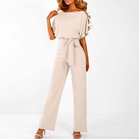 Chic Wide Leg Jumpsuit with Belted Waist and Short Sleeves for Effortless Style 0