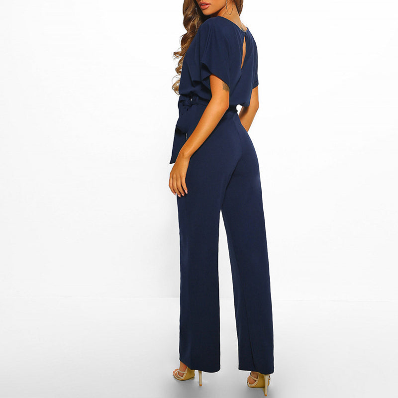 Chic Wide Leg Jumpsuit with Belted Waist and Short Sleeves for Effortless Style 1