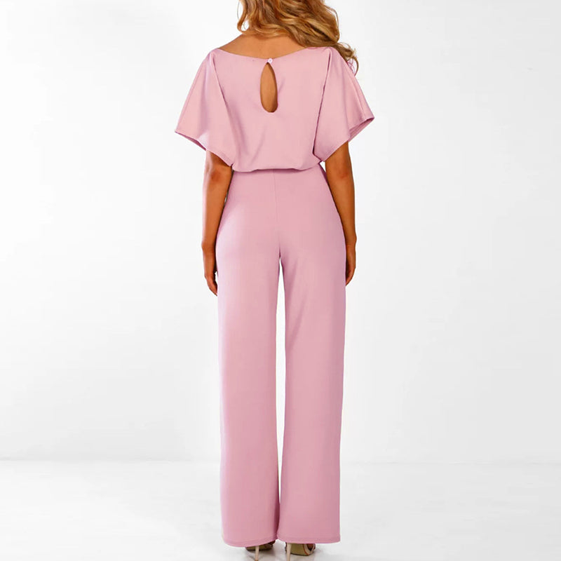 Chic Wide Leg Jumpsuit with Belted Waist and Short Sleeves for Effortless Style 2