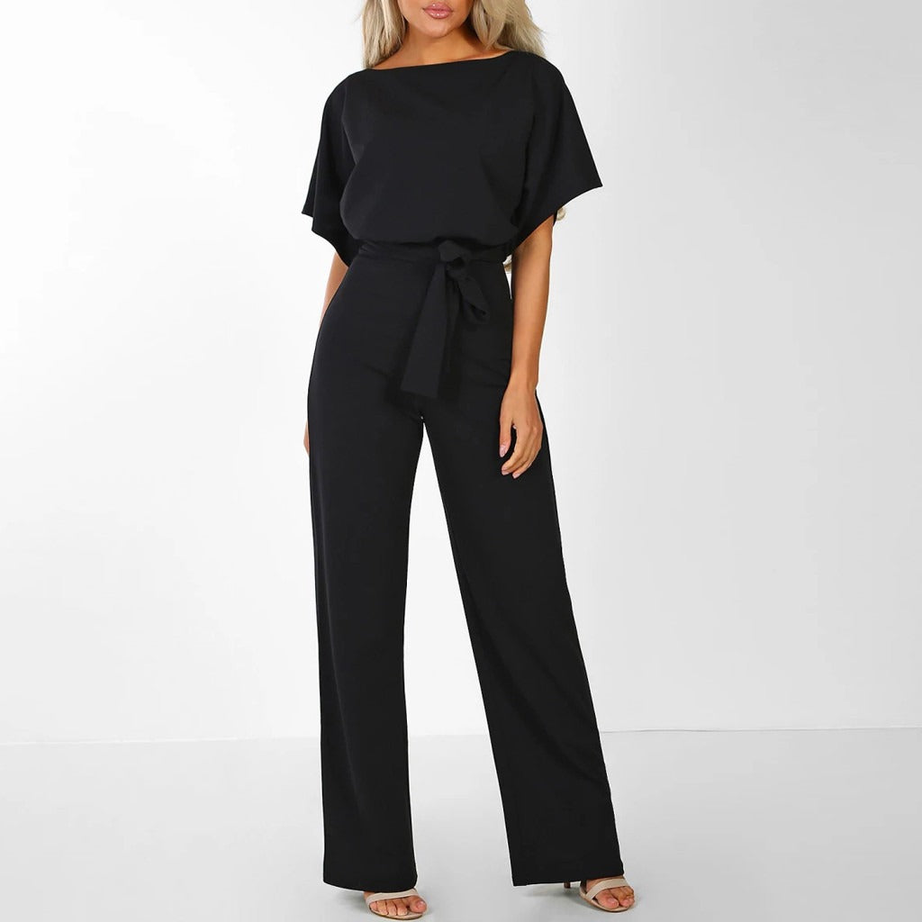 Chic Wide Leg Jumpsuit with Belted Waist and Short Sleeves for Effortless Style 3