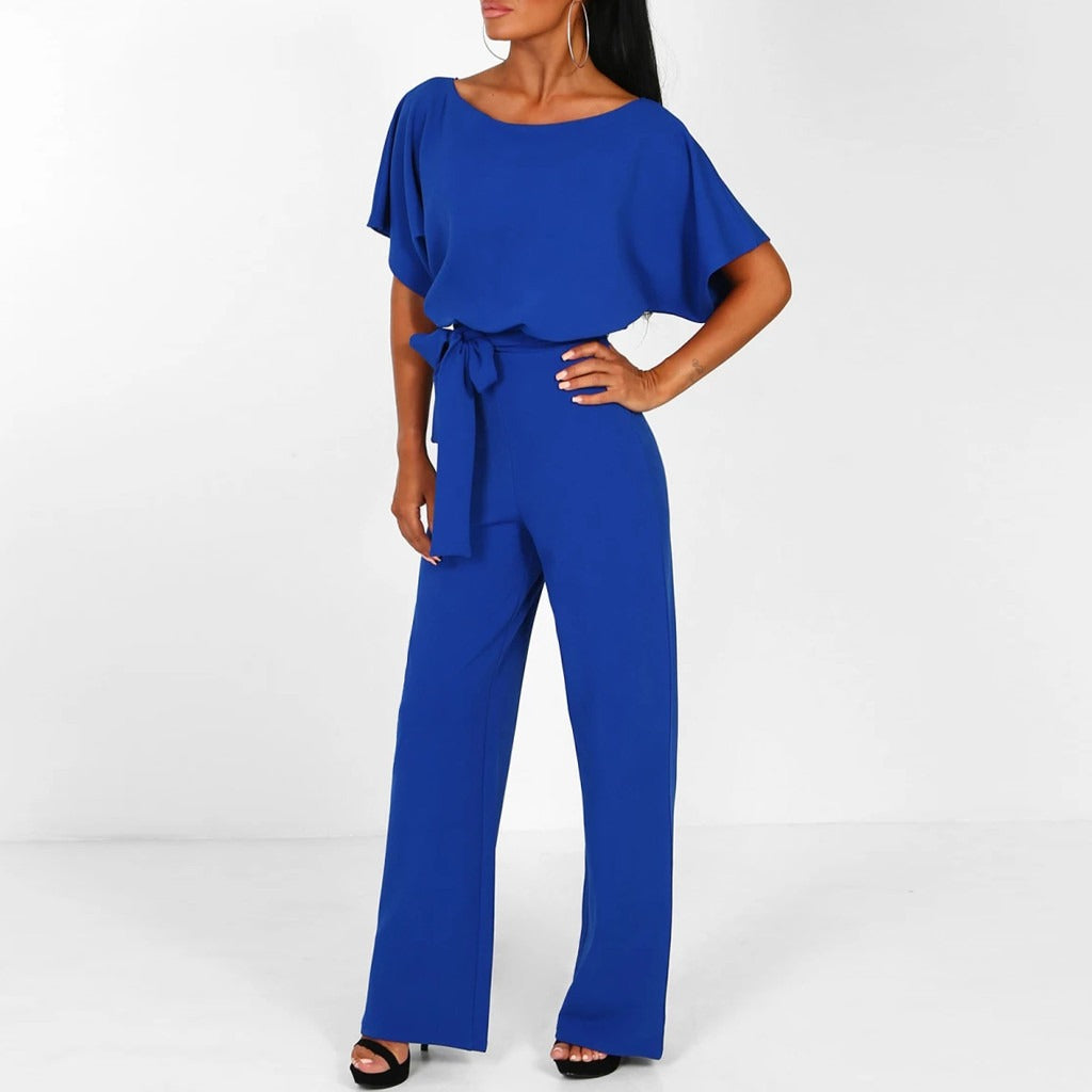 Chic Wide Leg Jumpsuit with Belted Waist and Short Sleeves for Effortless Style 4