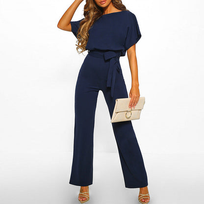 Chic Wide Leg Jumpsuit with Belted Waist and Short Sleeves for Effortless Style 5