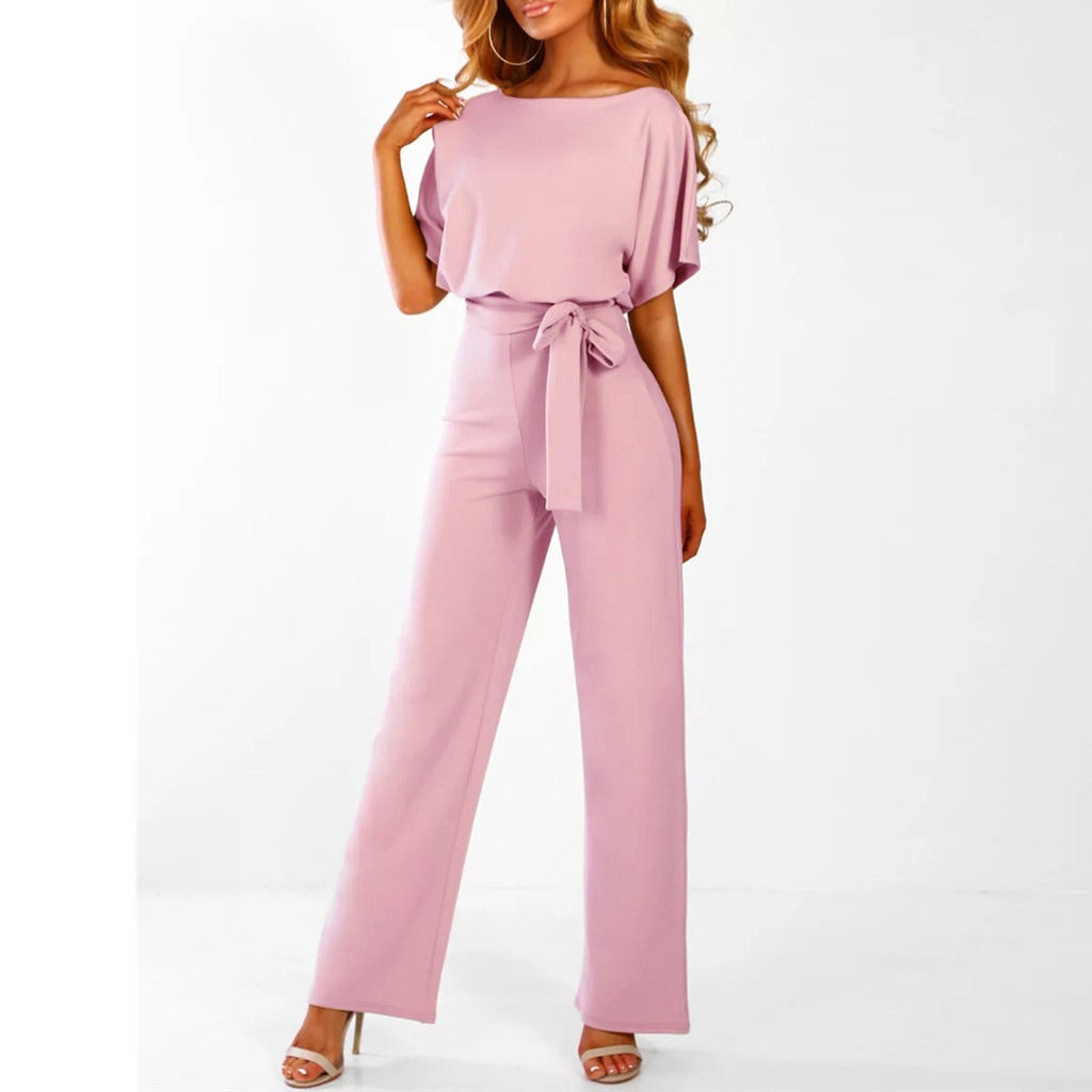 Chic Wide Leg Jumpsuit with Belted Waist and Short Sleeves for Effortless Style 6