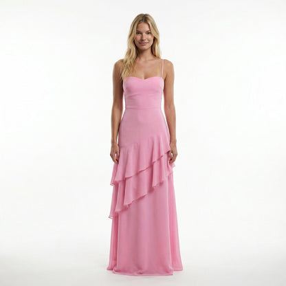 Chiffon Sheath Long Dress with Spaghetti Straps and Ruffle Detail 3