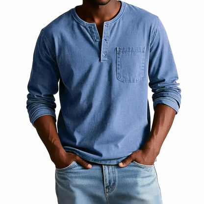 Classic Denim Shirt with Henley Neckline and Chest Pocket Detail 0