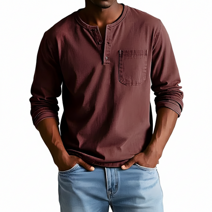 Classic Denim Shirt with Henley Neckline and Chest Pocket Detail 2