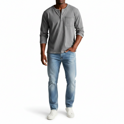Classic Denim Shirt with Henley Neckline and Chest Pocket Detail 8