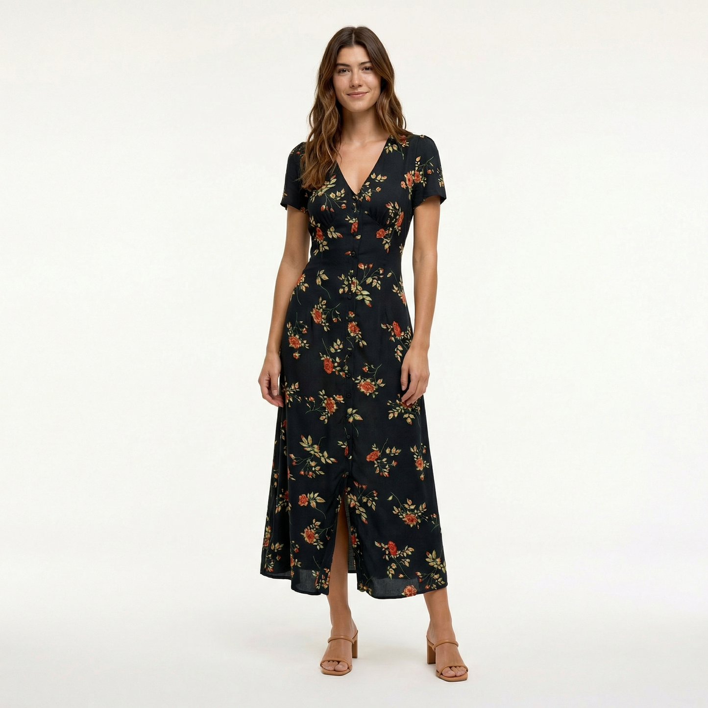 Elegant Black Floral Maxi Dress - Lightweight Summer Dress with V-Neck & Short Sleeves 0