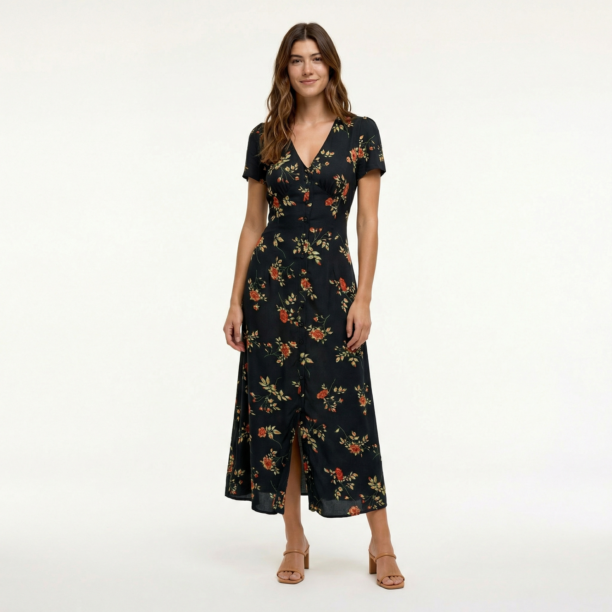 Elegant Black Floral Maxi Dress - Lightweight Summer Dress with V-Neck & Short Sleeves 0