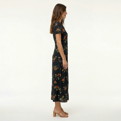 Elegant Black Floral Maxi Dress - Lightweight Summer Dress with V-Neck & Short Sleeves 1