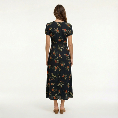 Elegant Black Floral Maxi Dress - Lightweight Summer Dress with V-Neck & Short Sleeves 4