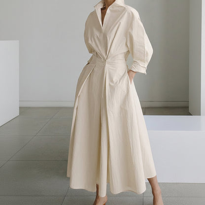 Elegant Midi Shirt Dress with Button Closure and Adjustable Waist Belt 0