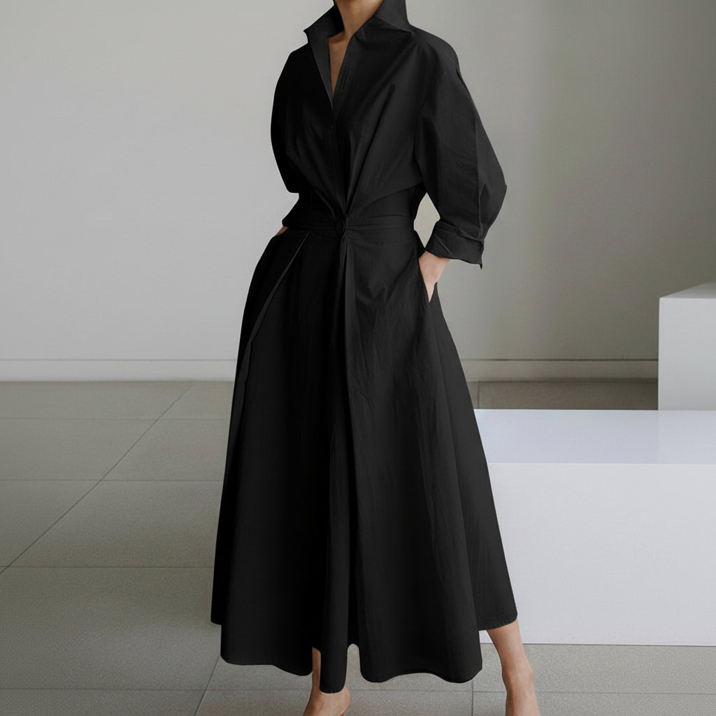 Elegant Midi Shirt Dress with Button Closure and Adjustable Waist Belt 1
