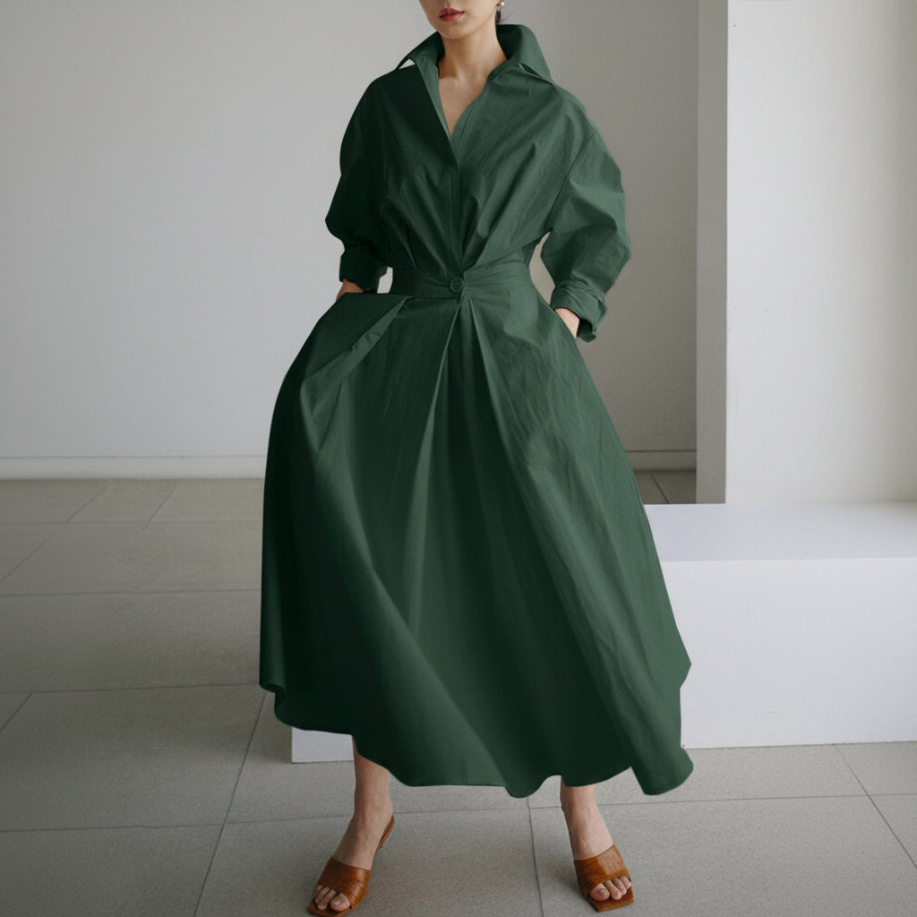 Elegant Midi Shirt Dress with Button Closure and Adjustable Waist Belt 2