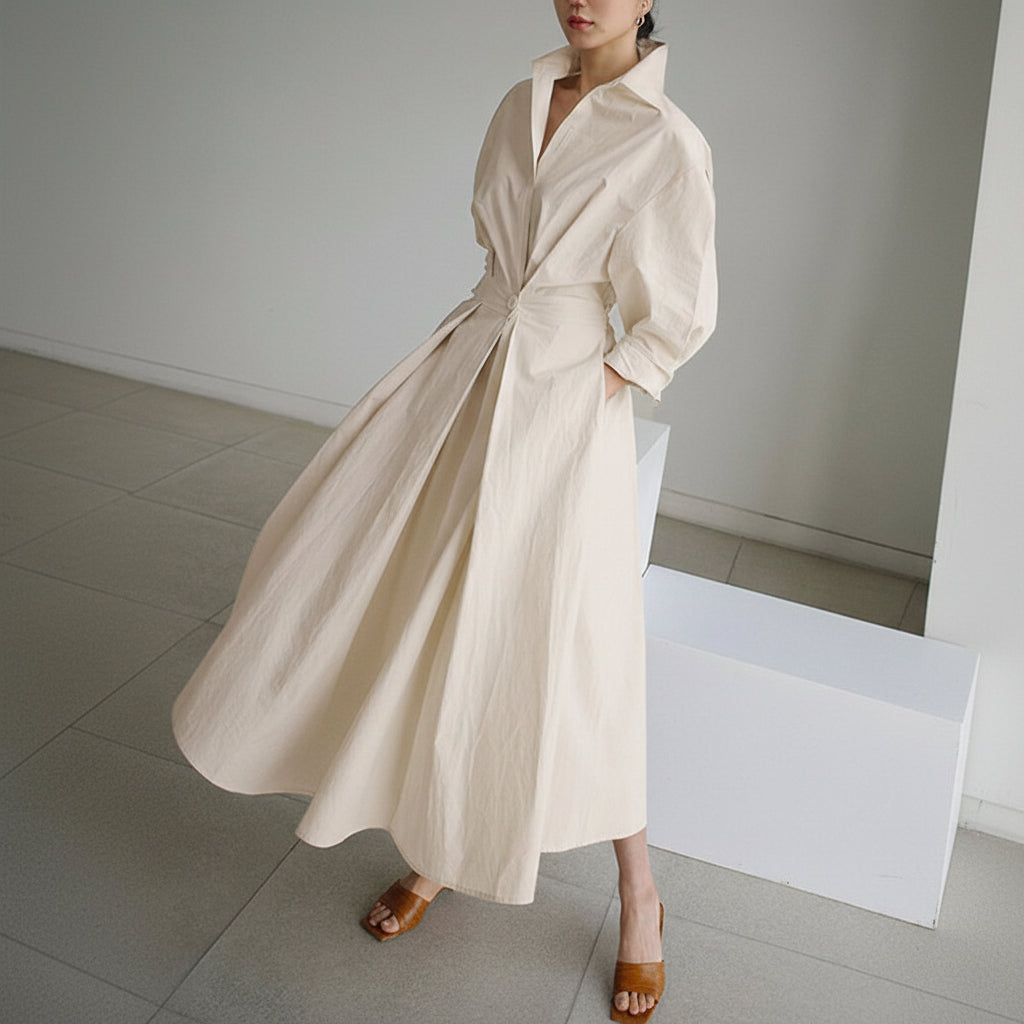 Elegant Midi Shirt Dress with Button Closure and Adjustable Waist Belt 3