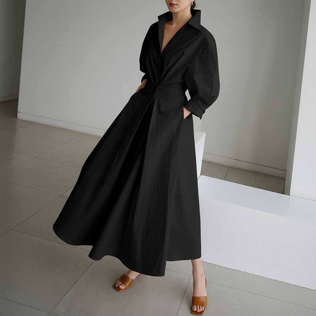 Elegant Midi Shirt Dress with Button Closure and Adjustable Waist Belt 5
