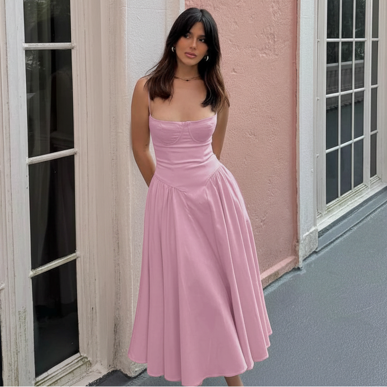 Elegant Navy Blue A-Line Midi Dress - Women's Summer & Wedding Guest Dress 6