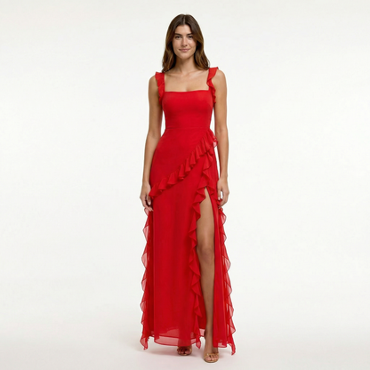 Elegant Ruffle Maxi Dress with Front Slit and Fitted Bodice for Formal Events 3
