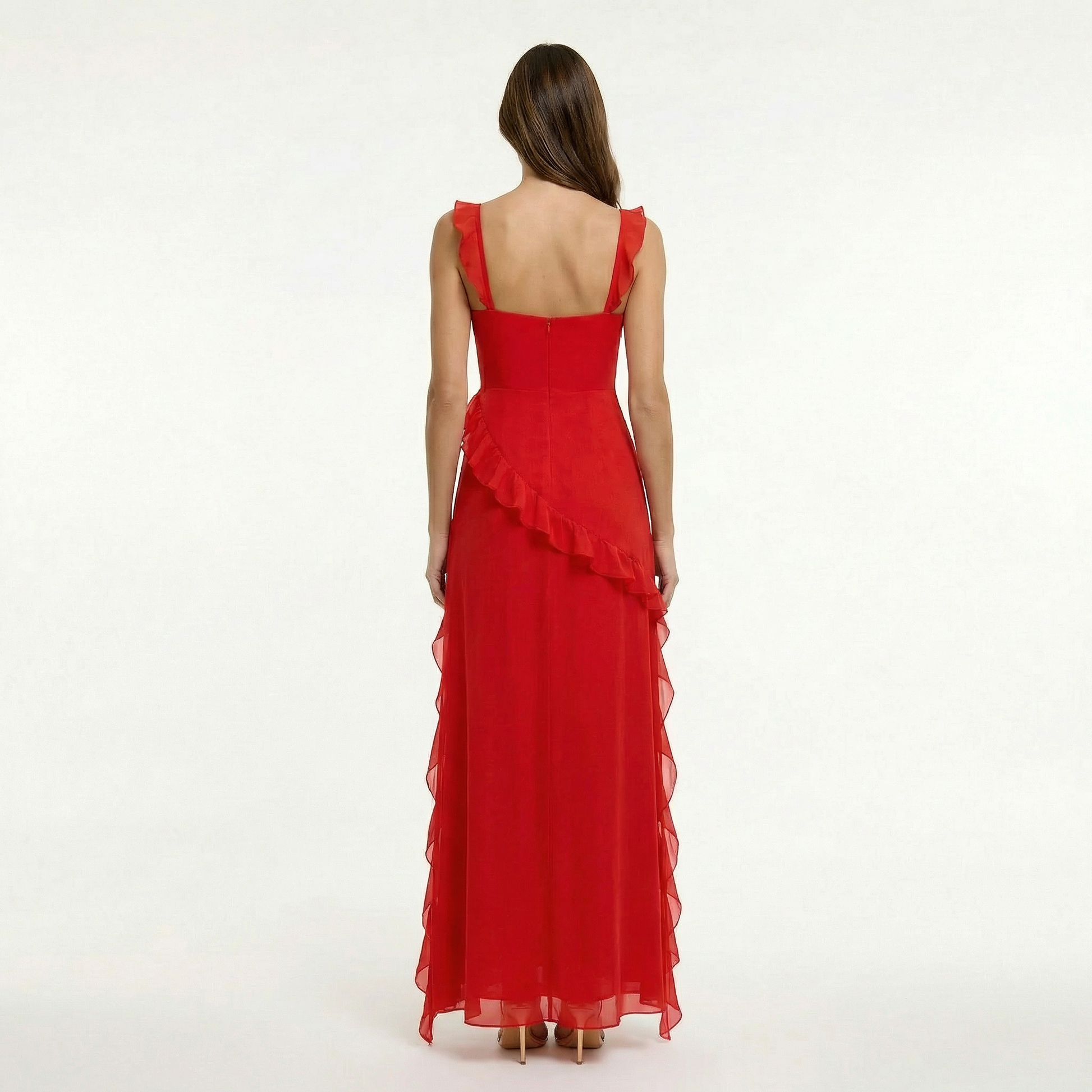 Elegant Ruffle Maxi Dress with Front Slit and Fitted Bodice for Formal Events 4