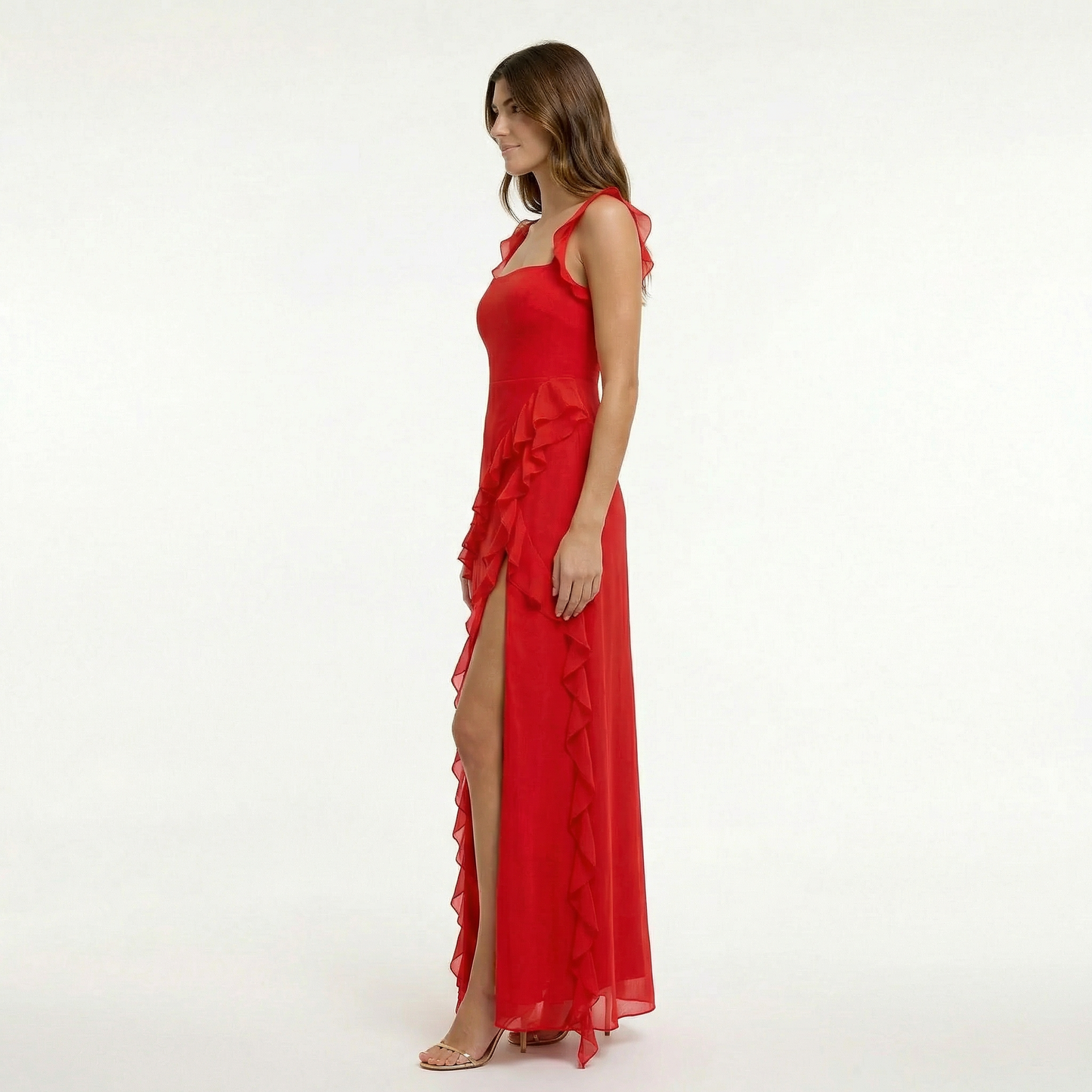 Elegant Ruffle Maxi Dress with Front Slit and Fitted Bodice for Formal Events 5