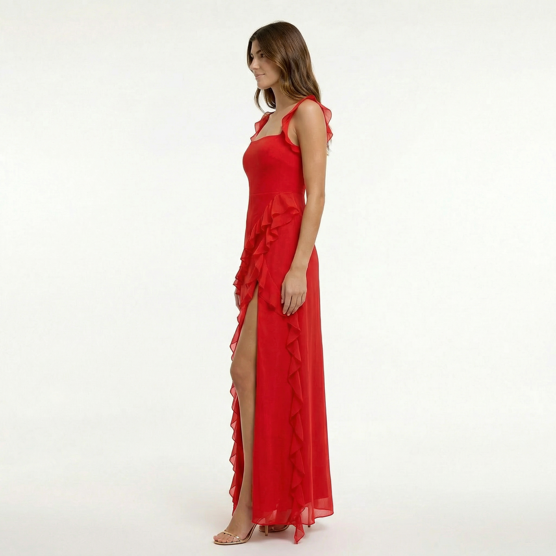 Elegant Ruffle Maxi Dress with Front Slit and Fitted Bodice for Formal Events 5