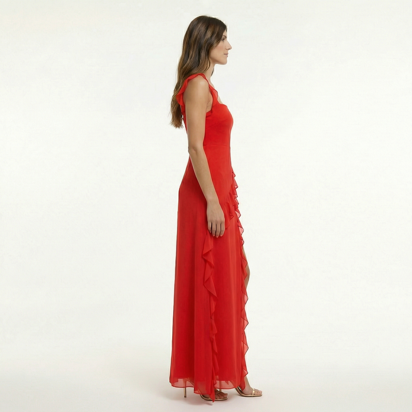 Elegant Ruffle Maxi Dress with Front Slit and Fitted Bodice for Formal Events 7