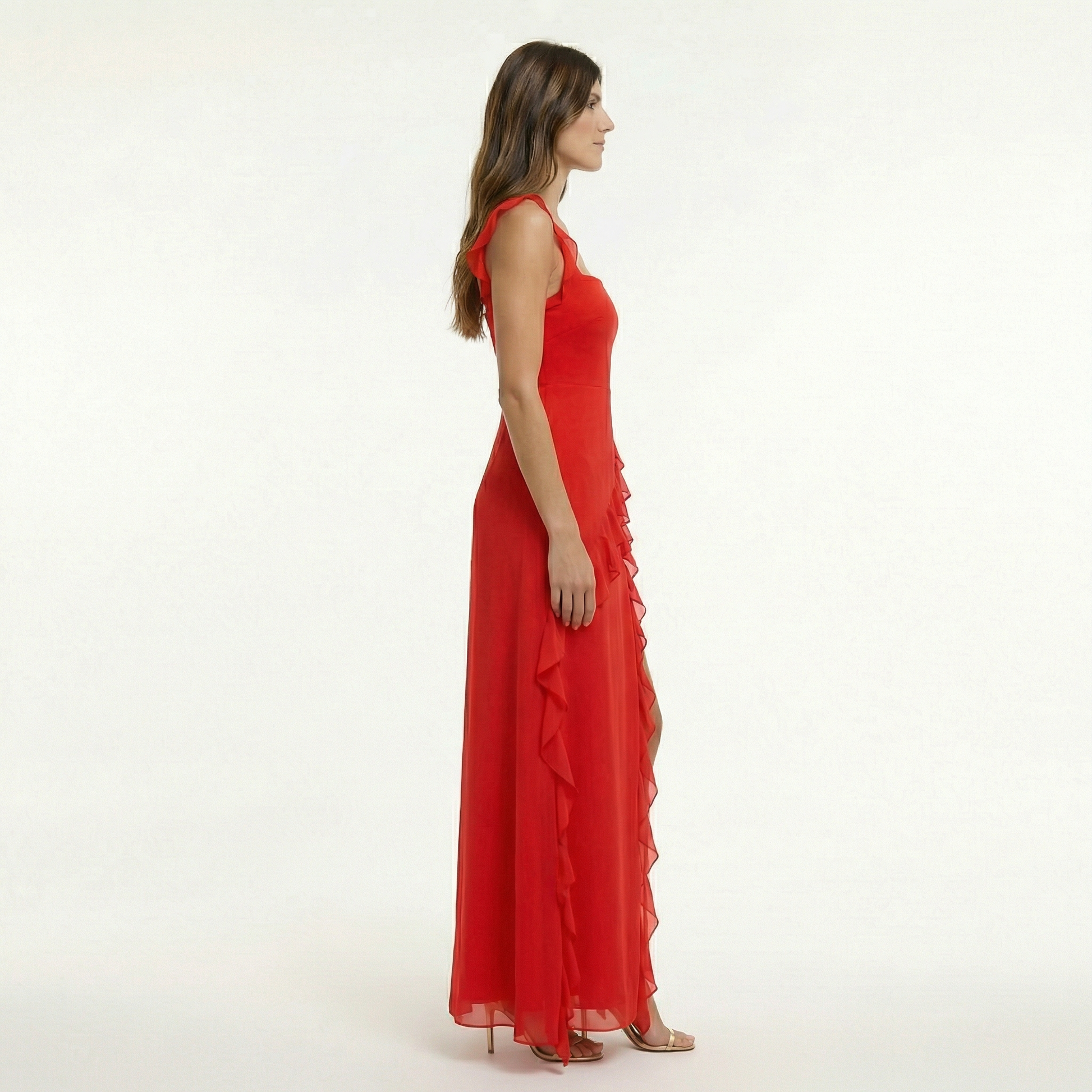 Elegant Ruffle Maxi Dress with Front Slit and Fitted Bodice for Formal Events 7