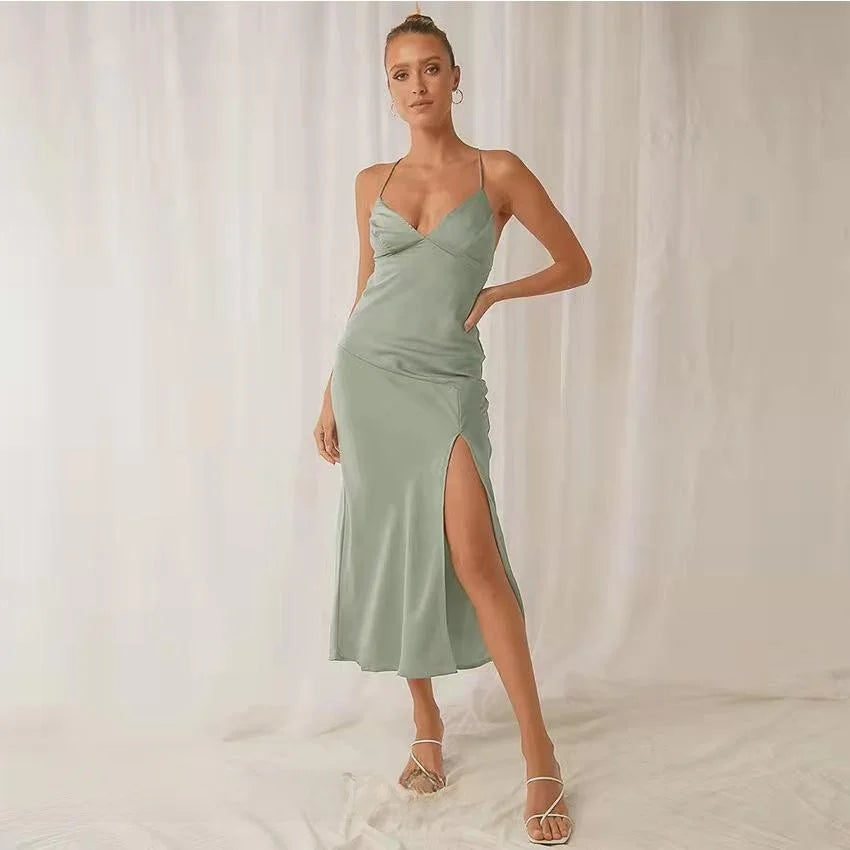 Elegant Satin Backless Lace-Up Dress with High Waist and Step-Hem Skirt 0