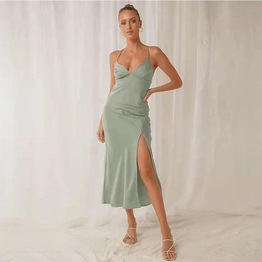 Elegant Satin Backless Lace-Up Dress with High Waist and Step-Hem Skirt 0