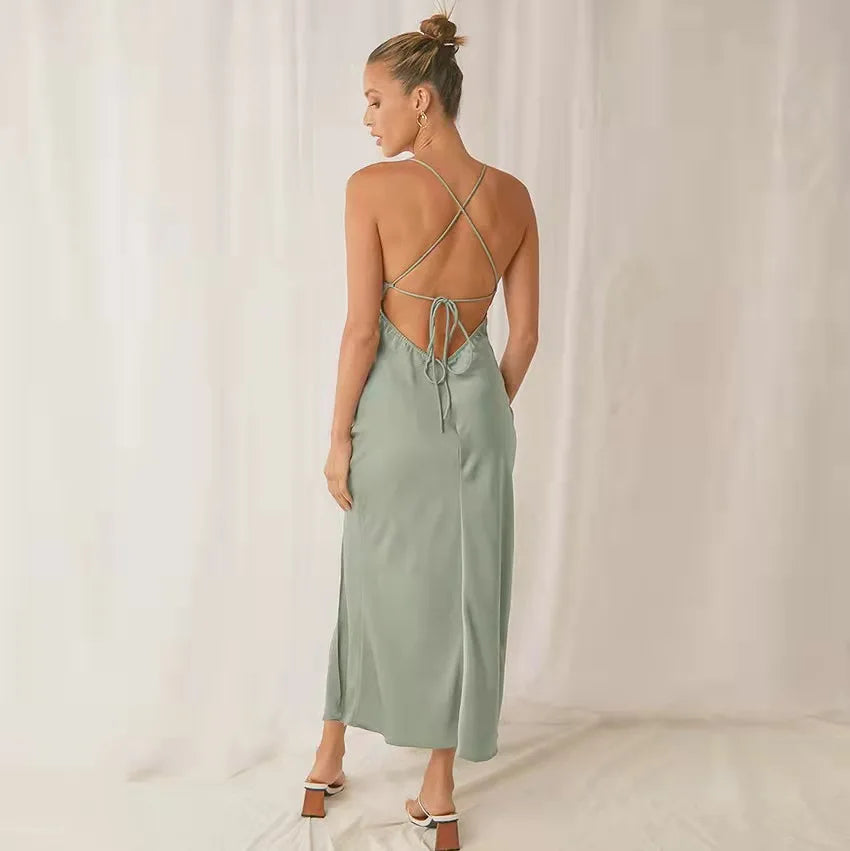 Elegant Satin Backless Lace-Up Dress with High Waist and Step-Hem Skirt 1