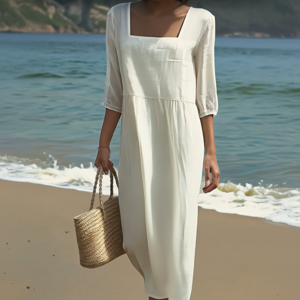 Elegant Square Neck Midi Dress in Soft Cotton-Linen Blend for Summer Style 0