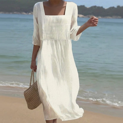 Elegant Square Neck Midi Dress in Soft Cotton-Linen Blend for Summer Style 1